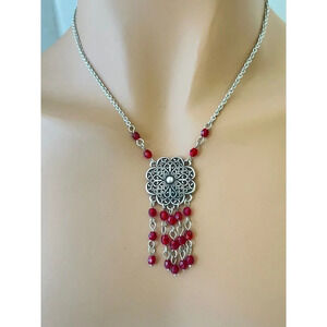 Brighton Queen Ann Necklace Lacey Pendent with Red Beads Excellent condition